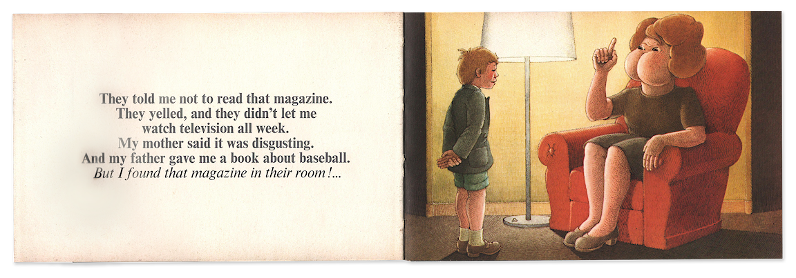 Two pages of a book, one with text and the other with a mother whose face is a butt chastising a child.
